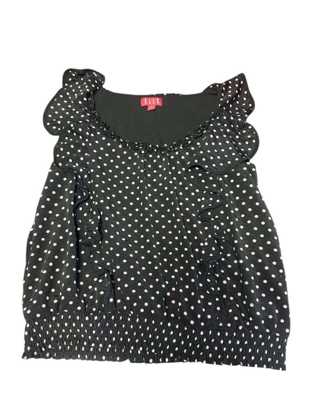 ELLE Black Top with White Polka Dots and Ruffle Trim